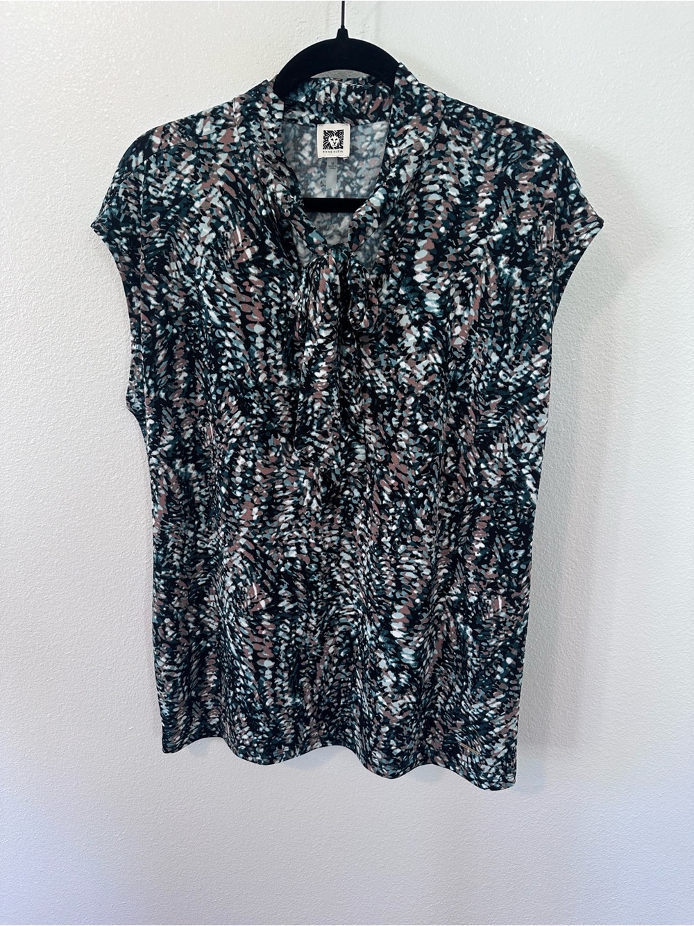 Anne Klein Black Printed Tie-Neck Cap Sleeve Blouse with Teal Accents